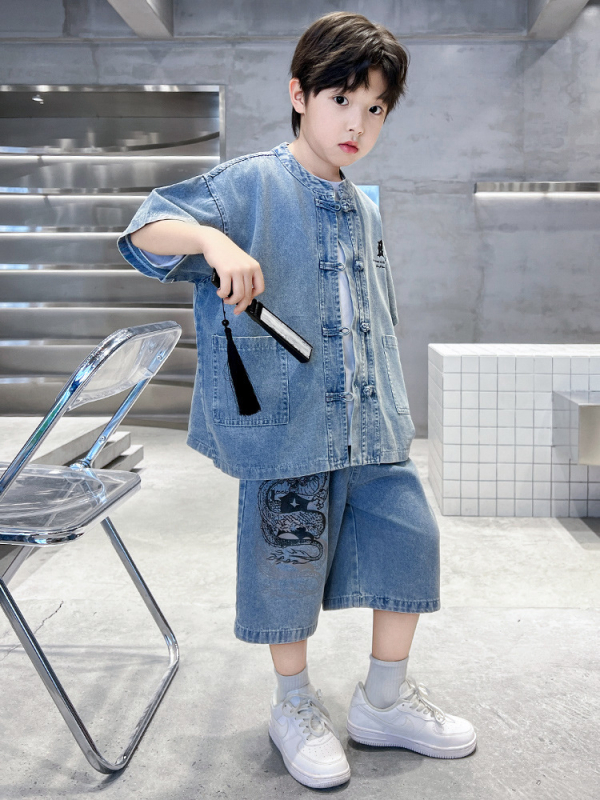 Muški denim košulja i šorc set – 2-dijelni, kratkim rukavima, 70% pamuk, uzorak životinja, ljeto 2025