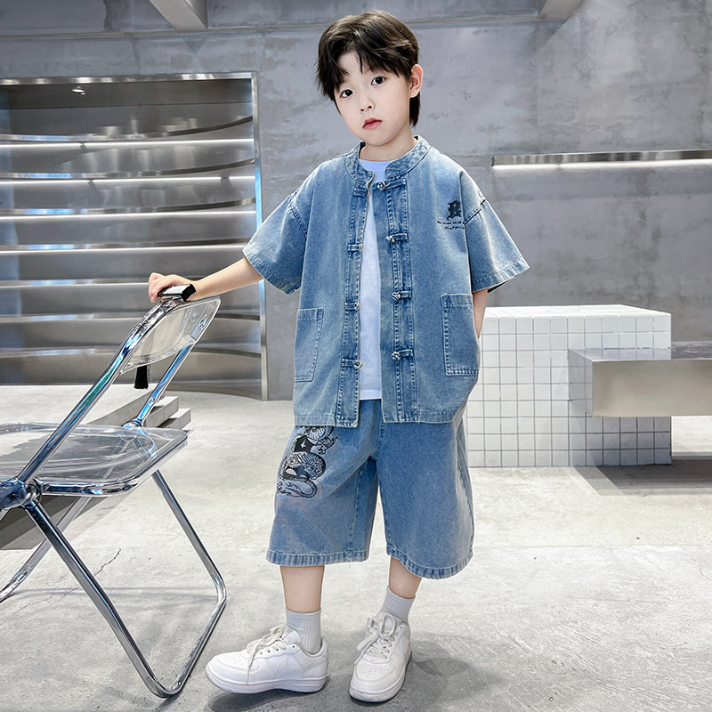 Muški denim košulja i šorc set – 2-dijelni, kratkim rukavima, 70% pamuk, uzorak životinja, ljeto 2025