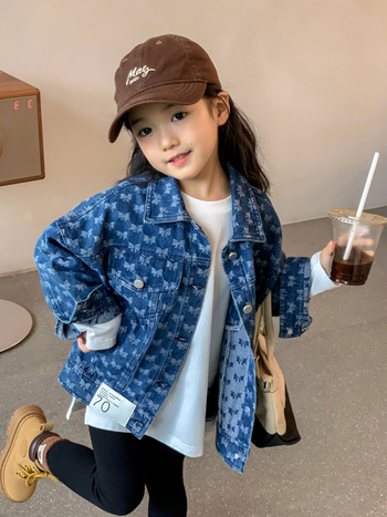 Jacquard denim dzseki lányoknak, rövid szabású, galléros, hosszú ujjú, 3–8 éveseknek