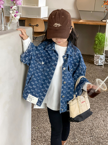 Jacquard denim dzseki lányoknak, rövid szabású, galléros, hosszú ujjú, 3–8 éveseknek