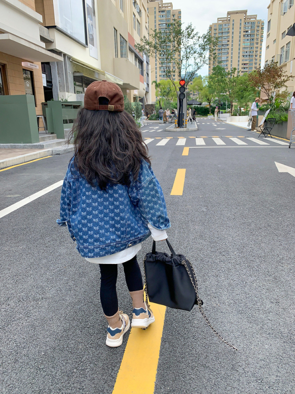 Jacquard denim dzseki lányoknak, rövid szabású, galléros, hosszú ujjú, 3–8 éveseknek