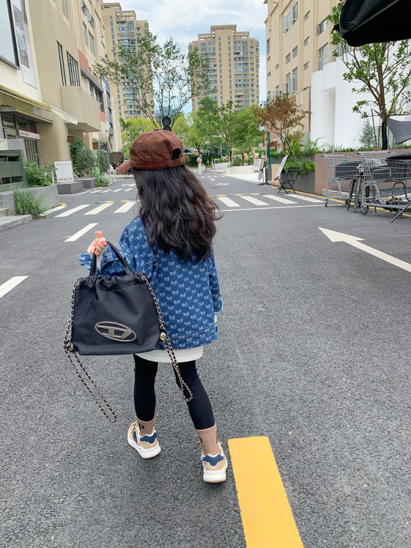 Jacquard denim dzseki lányoknak, rövid szabású, galléros, hosszú ujjú, 3–8 éveseknek