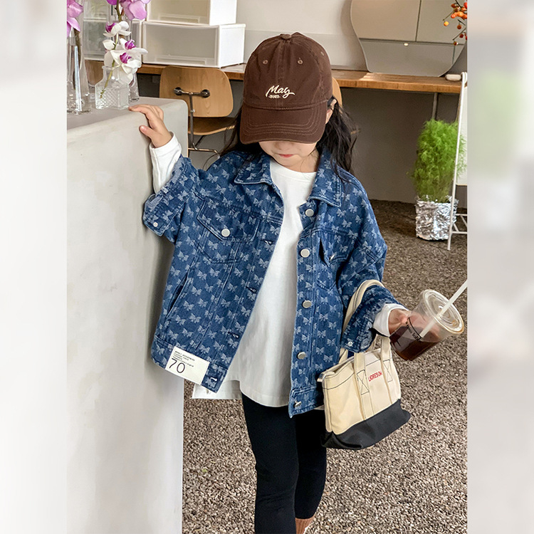 Jacquard denim dzseki lányoknak, rövid szabású, galléros, hosszú ujjú, 3–8 éveseknek