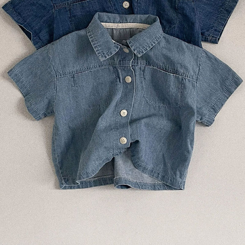 Korejski stil: set od džins košulje i šortseva za djecu 1–3 godine, unisex, kratki rukav, 100% pamuk, ljeto