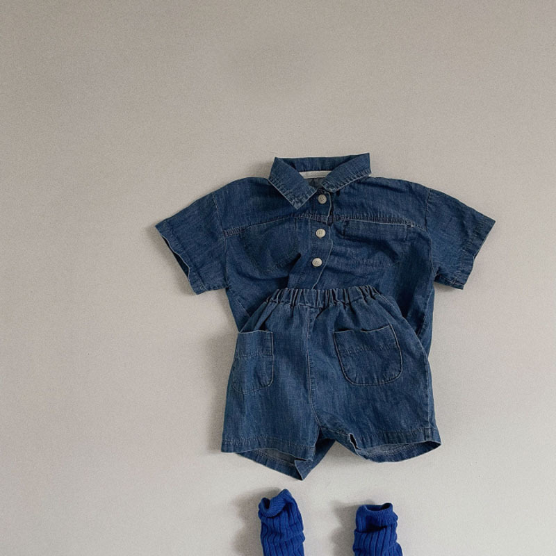 Korejski stil: set od džins košulje i šortseva za djecu 1–3 godine, unisex, kratki rukav, 100% pamuk, ljeto