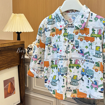 Детска риза от 100% памук, корейски стил с пълен принт на карикатури, дълги ръкави, яка тип костюм, свободен стил, за момчета 3–8 г., пролет 2025