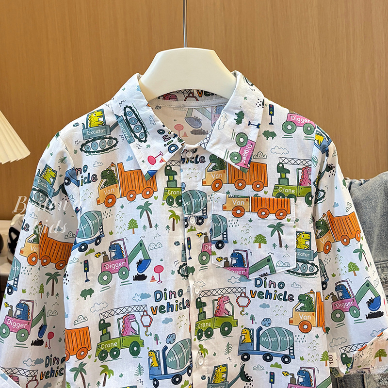 Детска риза от 100% памук, корейски стил с пълен принт на карикатури, дълги ръкави, яка тип костюм, свободен стил, за момчета 3–8 г., пролет 2025
