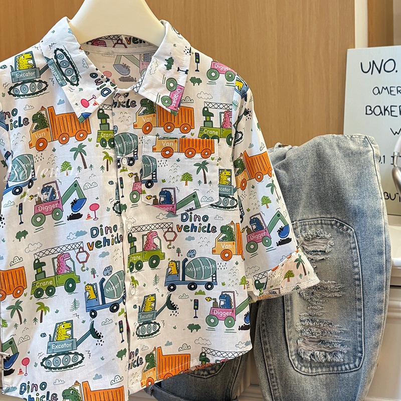 Детска риза от 100% памук, корейски стил с пълен принт на карикатури, дълги ръкави, яка тип костюм, свободен стил, за момчета 3–8 г., пролет 2025