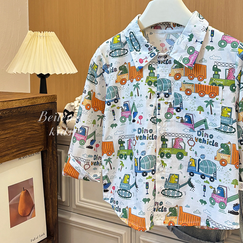 Детска риза от 100% памук, корейски стил с пълен принт на карикатури, дълги ръкави, яка тип костюм, свободен стил, за момчета 3–8 г., пролет 2025