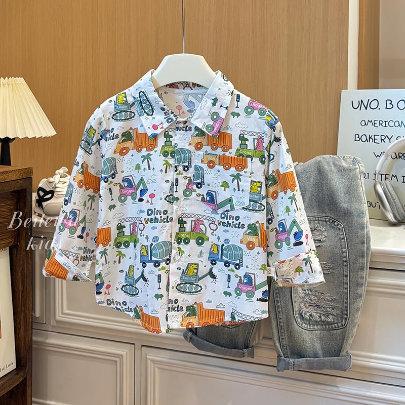 Детска риза от 100% памук, корейски стил с пълен принт на карикатури, дълги ръкави, яка тип костюм, свободен стил, за момчета 3–8 г., пролет 2025