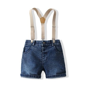 Costum pentru copii trei piese pentru băieți: cămașă din bumbac cu mânecă scurtă și imprimeu mașină, șort denim cu bretele, pentru vârsta 3–8 ani.
