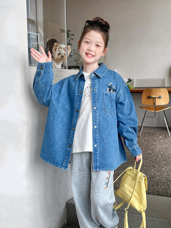 Dječja izvezena traper košulja, korejski stil, ovratnik s reverom, dugi rukavi, proljetno–jesenska, za djevojčice iznad 140 cm (8+ godina)