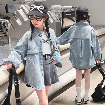 Geacă din denim pentru fetițe, cu rupturi, stil coreean, guler rever, lungime scurtă, mâneci lungi (pentru fetițe peste 8 ani, înălțime aproximativ 140 cm)