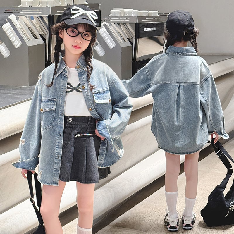 Geacă din denim pentru fetițe, cu rupturi, stil coreean, guler rever, lungime scurtă, mâneci lungi (pentru fetițe peste 8 ani, înălțime aproximativ 140 cm)