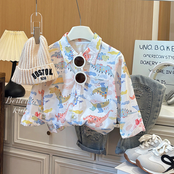 Детска памучна риза, корейски стил, пълен принт с карикатури, дълъг ръкав, яка тип костюм, свободен ежедневен стил, за момчета 3–8 години (пролет 2025)