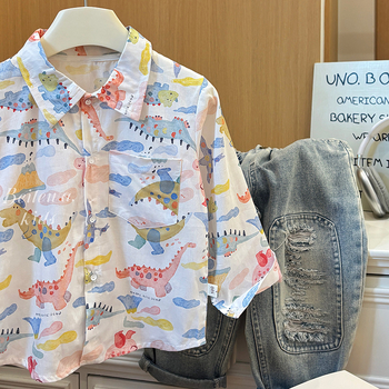 Детска памучна риза, корейски стил, пълен принт с карикатури, дълъг ръкав, яка тип костюм, свободен ежедневен стил, за момчета 3–8 години (пролет 2025)