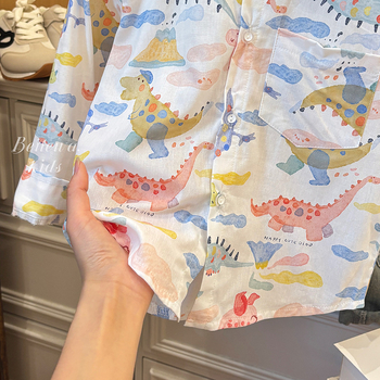 Детска памучна риза, корейски стил, пълен принт с карикатури, дълъг ръкав, яка тип костюм, свободен ежедневен стил, за момчета 3–8 години (пролет 2025)