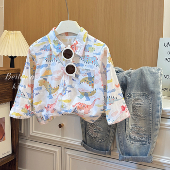 Детска памучна риза, корейски стил, пълен принт с карикатури, дълъг ръкав, яка тип костюм, свободен ежедневен стил, за момчета 3–8 години (пролет 2025)
