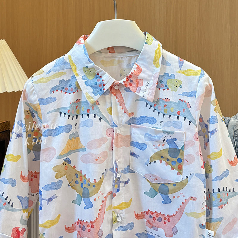 Детска памучна риза, корейски стил, пълен принт с карикатури, дълъг ръкав, яка тип костюм, свободен ежедневен стил, за момчета 3–8 години (пролет 2025)