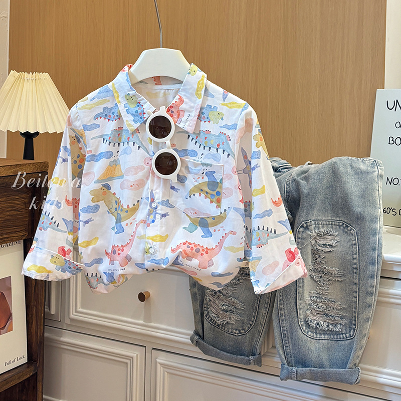 Детска памучна риза, корейски стил, пълен принт с карикатури, дълъг ръкав, яка тип костюм, свободен ежедневен стил, за момчета 3–8 години (пролет 2025)