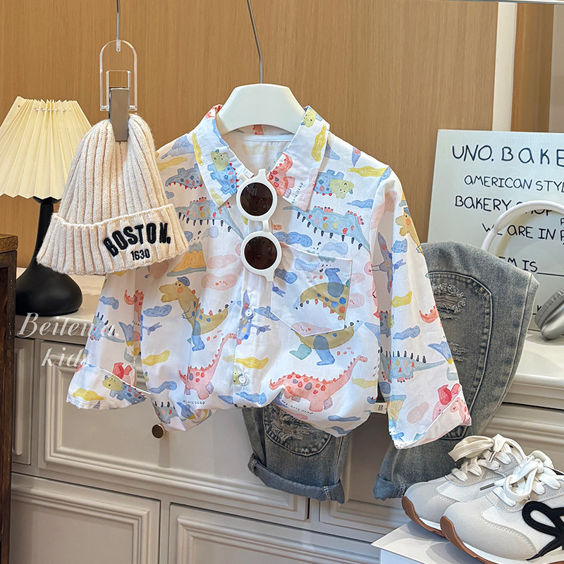 Детска памучна риза, корейски стил, пълен принт с карикатури, дълъг ръкав, яка тип костюм, свободен ежедневен стил, за момчета 3–8 години (пролет 2025)