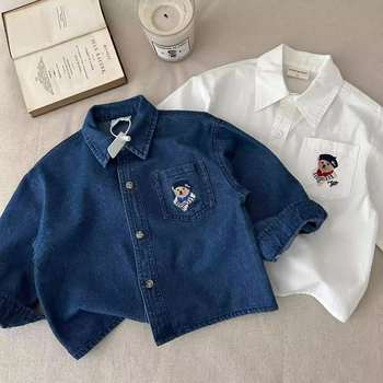 Детска риза, ежедневен стил, яка лацкан, памук 90%, карикатурен принт