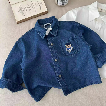 Детска риза, ежедневен стил, яка лацкан, памук 90%, карикатурен принт