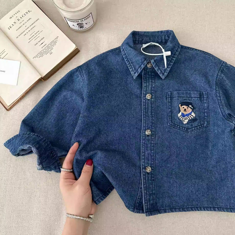 Детска риза, ежедневен стил, яка лацкан, памук 90%, карикатурен принт