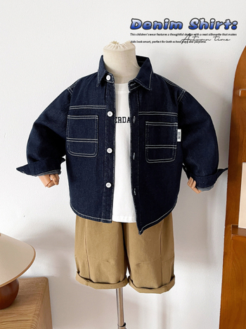 Детска дънкова риза (85% памук, 15% полиестер; Turn-Down яка; дълъг ръкав; есен 2025)