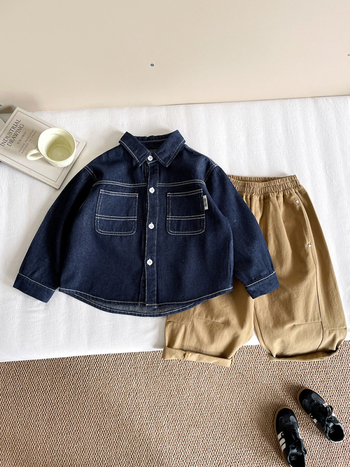 Детска дънкова риза (85% памук, 15% полиестер; Turn-Down яка; дълъг ръкав; есен 2025)