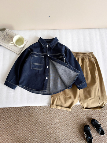 Детска дънкова риза (85% памук, 15% полиестер; Turn-Down яка; дълъг ръкав; есен 2025)