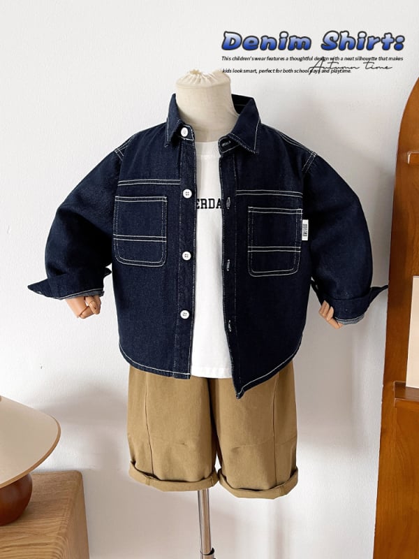 Bērnu džinsa krekls (85% kokvilna, 15% poliesteris; Turn-Down apkakle; garas piedurknes; rudens 2025)