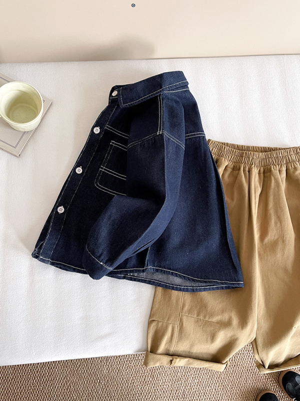 Детска дънкова риза (85% памук, 15% полиестер; Turn-Down яка; дълъг ръкав; есен 2025)