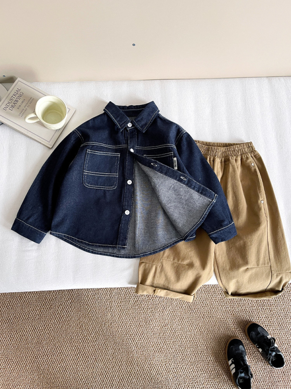 Детска дънкова риза (85% памук, 15% полиестер; Turn-Down яка; дълъг ръкав; есен 2025)