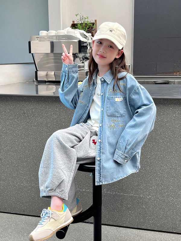 Детска деним риза, корейски стил, дълъг ръкав, яка тип лапел, принт с букви