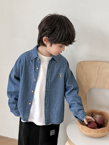 Детска дънкова риза с дълъг ръкав, корейски стил, 100% памук, пролетно-есенен модел