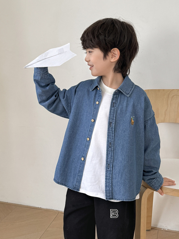 Детска дънкова риза с дълъг ръкав, корейски стил, 100% памук, пролетно-есенен модел