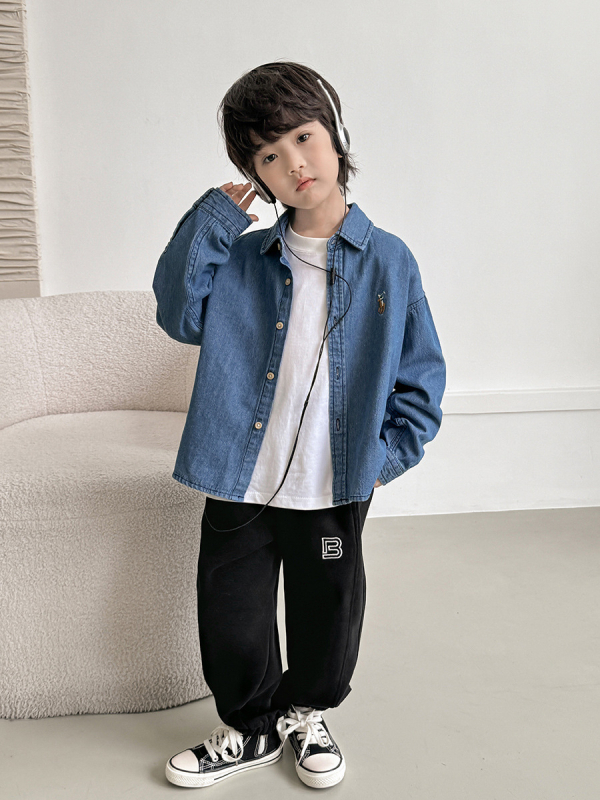 Детска дънкова риза с дълъг ръкав, корейски стил, 100% памук, пролетно-есенен модел