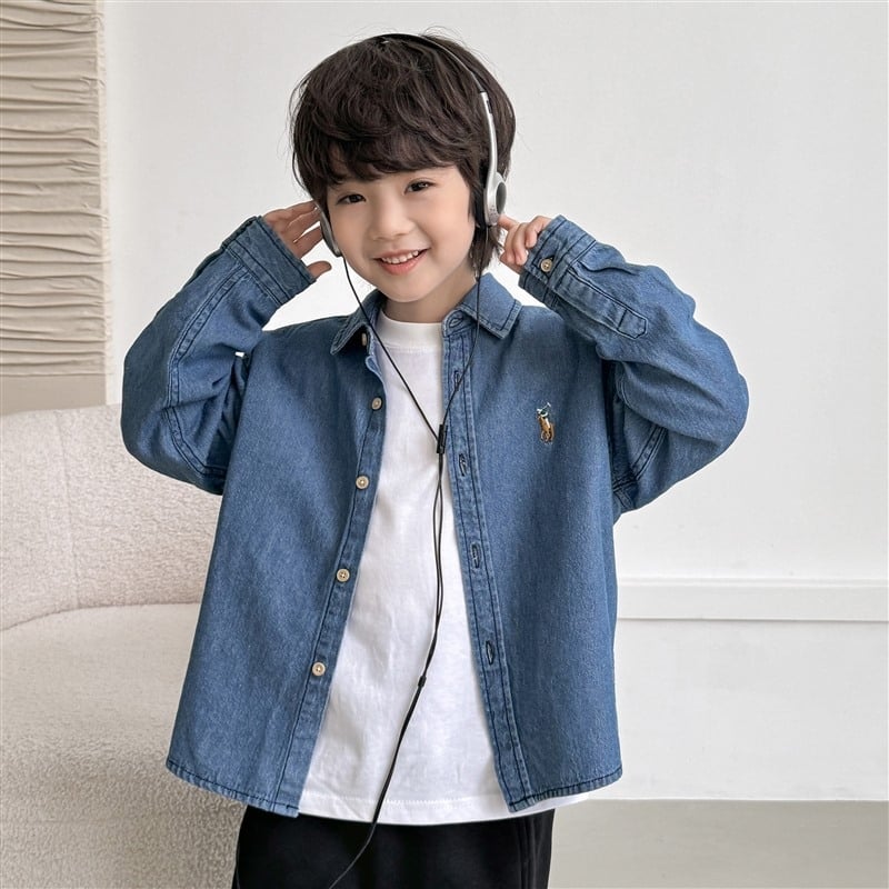 Детска дънкова риза с дълъг ръкав, корейски стил, 100% памук, пролетно-есенен модел