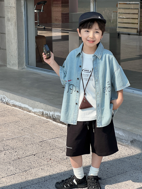 Детска деним риза с къс ръкав, унисекс, алфабетен принт, мека обработка, 100% памук, лято