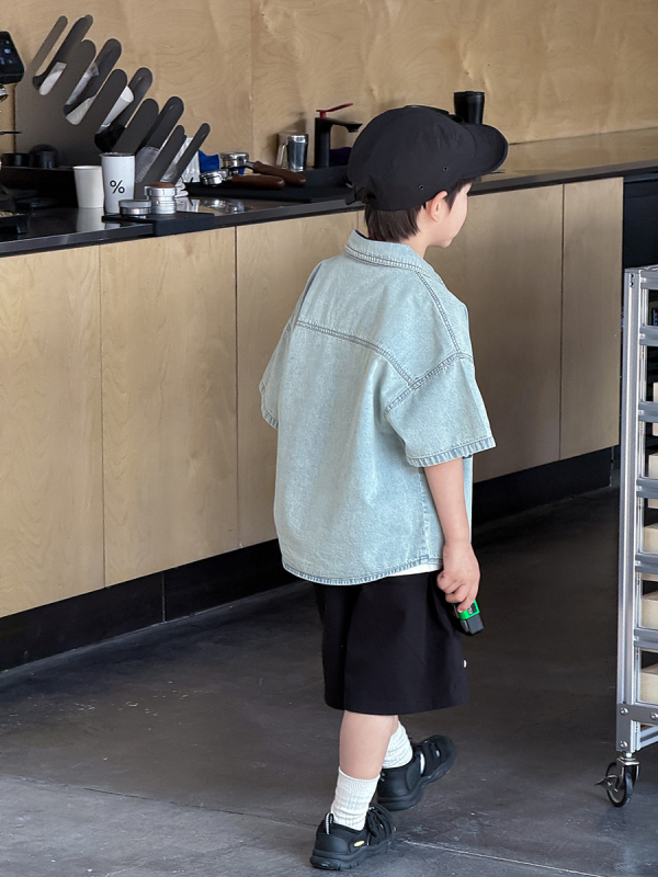 Детска деним риза с къс ръкав, унисекс, алфабетен принт, мека обработка, 100% памук, лято