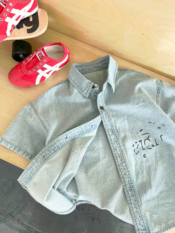 Детска деним риза с къс ръкав, унисекс, алфабетен принт, мека обработка, 100% памук, лято