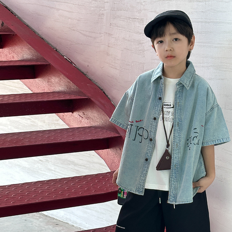 Детска деним риза с къс ръкав, унисекс, алфабетен принт, мека обработка, 100% памук, лято