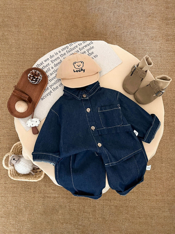 Poiste kevad- ja sügisekomplekt kahe osaga: džinsist särk ja püksid, pikad varrukad, pehme kangas