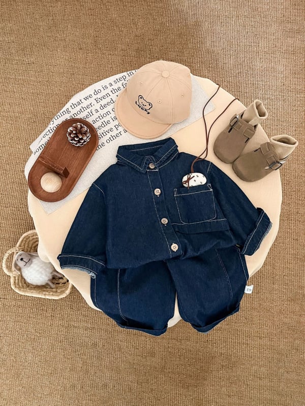 Poiste kevad- ja sügisekomplekt kahe osaga: džinsist särk ja püksid, pikad varrukad, pehme kangas