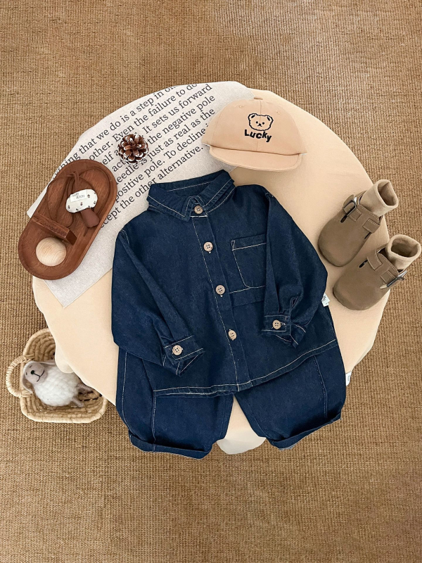 Poiste kevad- ja sügisekomplekt kahe osaga: džinsist särk ja püksid, pikad varrukad, pehme kangas