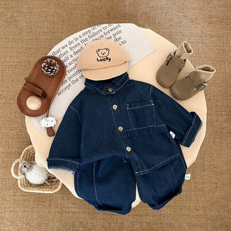 Poiste kevad- ja sügisekomplekt kahe osaga: džinsist särk ja püksid, pikad varrukad, pehme kangas