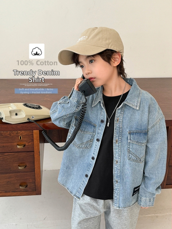 Дънкова риза за момчета, корейски стил, яка с лапел, 100% памук, пролет-есен, за деца над 8 години