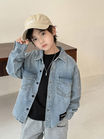 Дънкова риза за момчета, корейски стил, яка с лапел, 100% памук, пролет-есен, за деца над 8 години