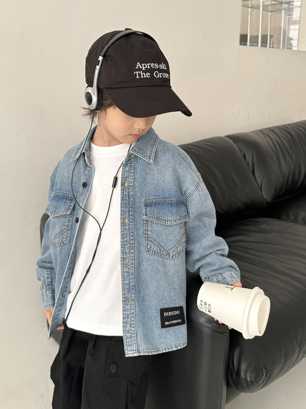 Дънкова риза за момчета, корейски стил, яка с лапел, 100% памук, пролет-есен, за деца над 8 години